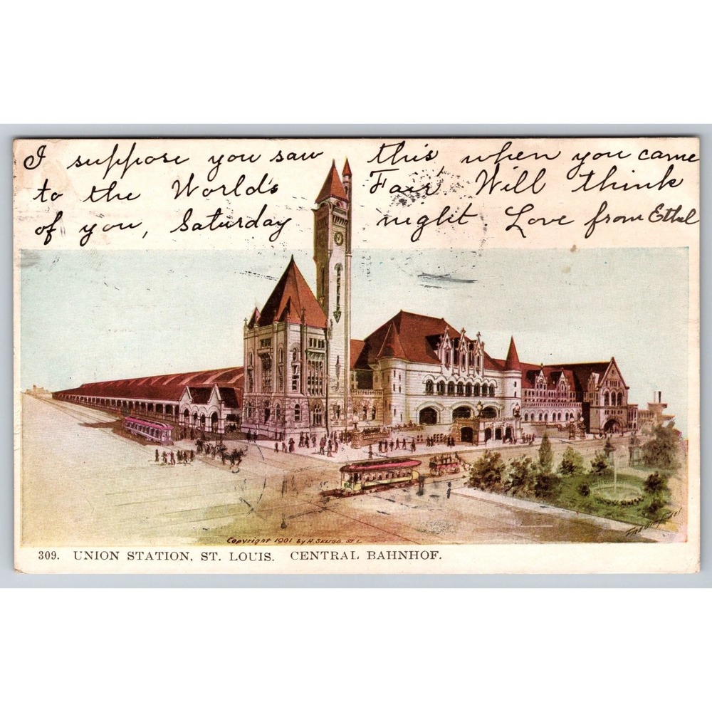 1906 St. Louis Union Station Postcard 1904 World's Fair H.R.R. Co. Litho
